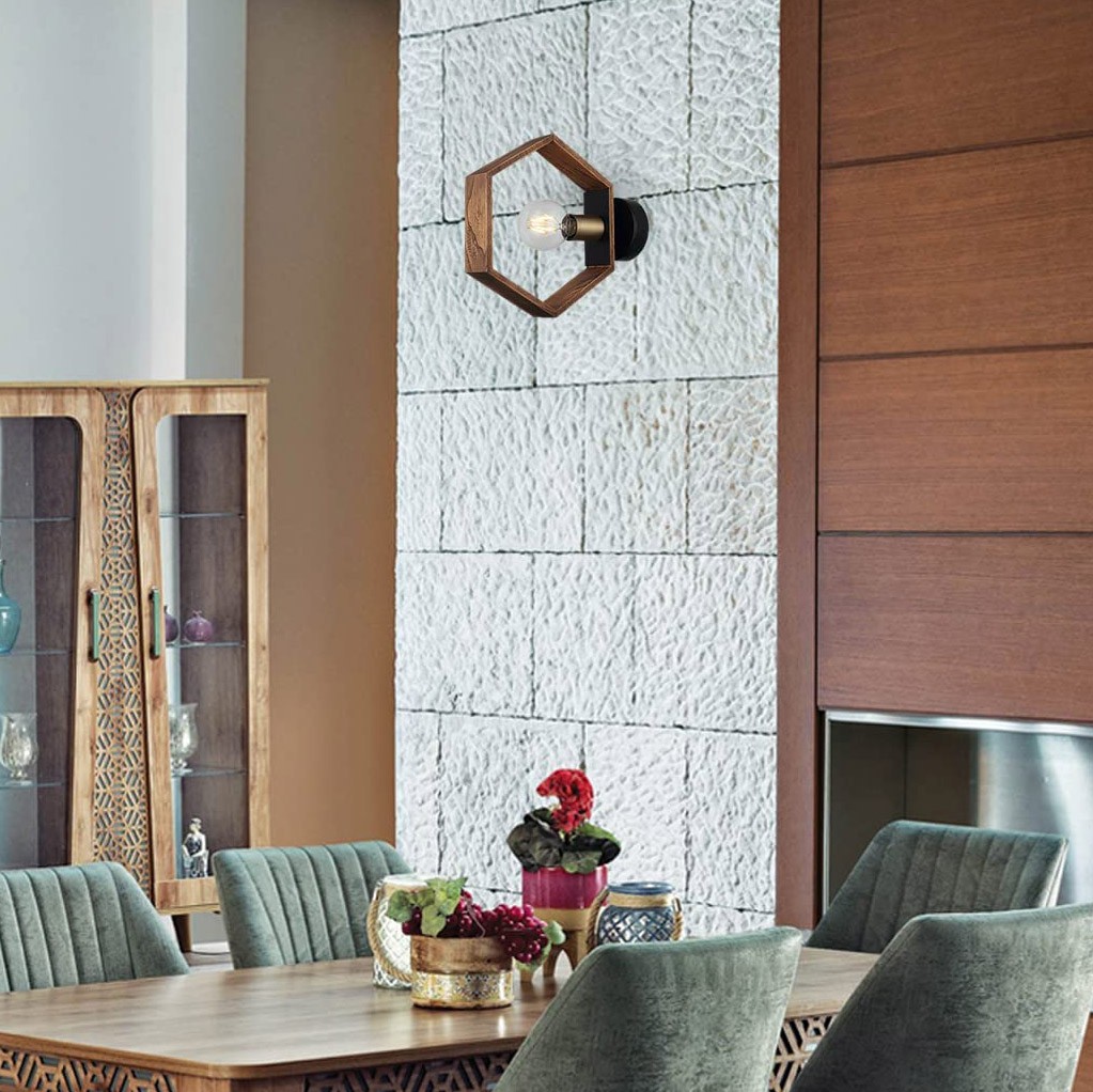 118,95 € Envío gratis | Aplique de pared interior 40W 29×27 cm. Diseño hexagonal Metal y madera. Color marrón