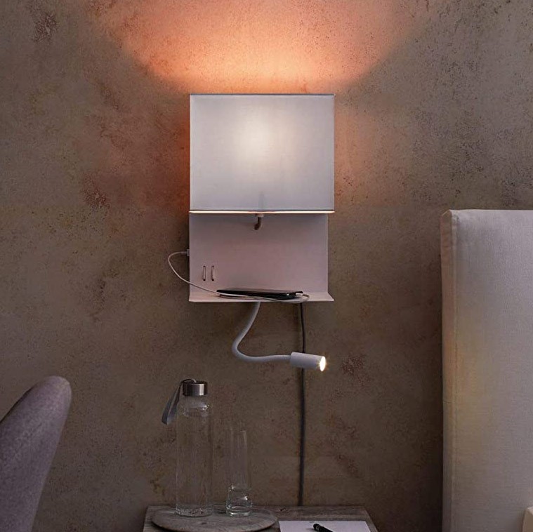 108,95 € Envio grátis | Luz de parede interna 40W 3000K Luz quente. 36×25 cm. Suporte para slides. lâmpada de leitura adicional Metais e têxtil. Cor branco