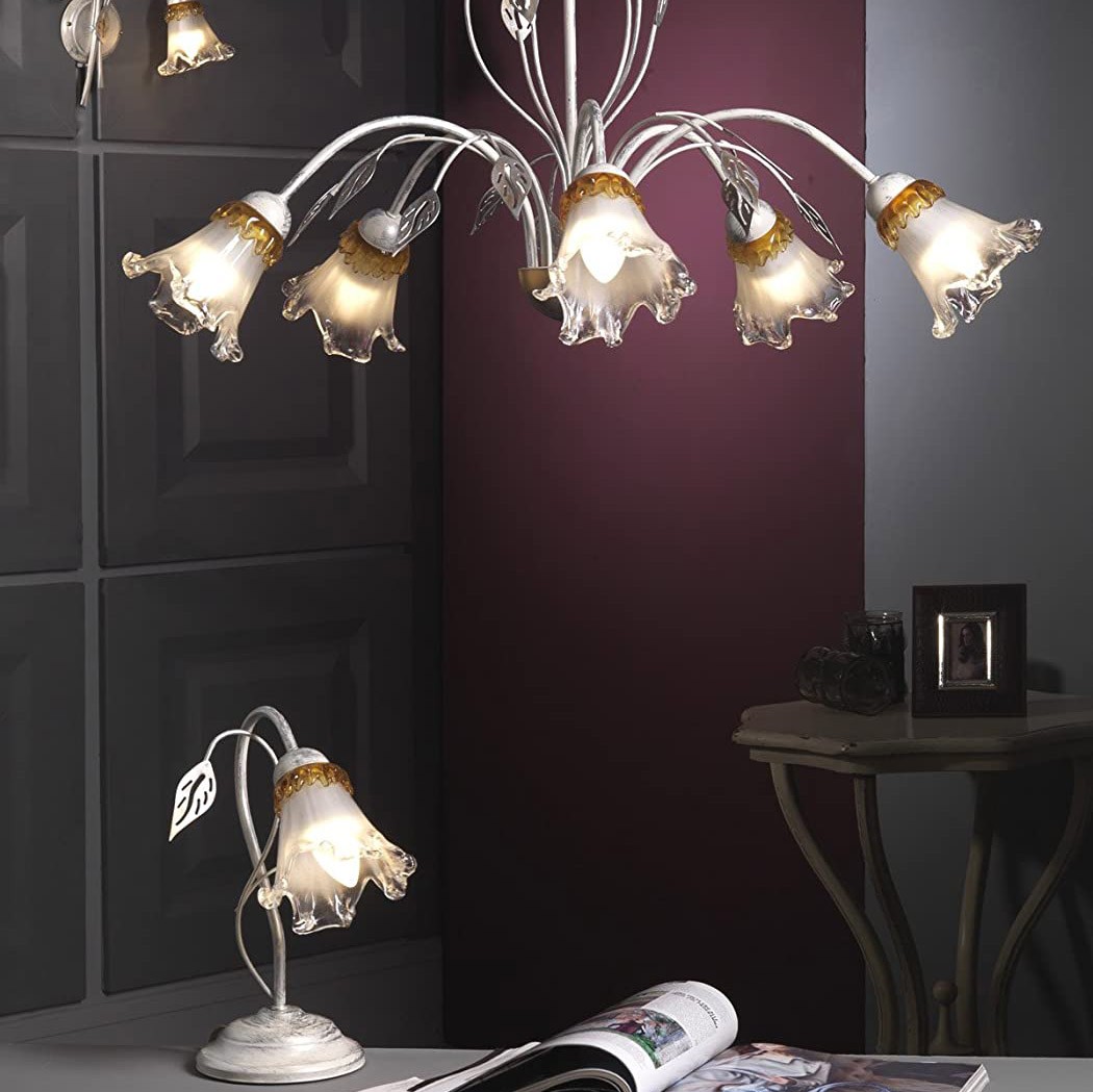 104,95 € Envío gratis | Lámpara de araña 95×65 cm. 5 puntos de luz Metal y vidrio. Color blanco