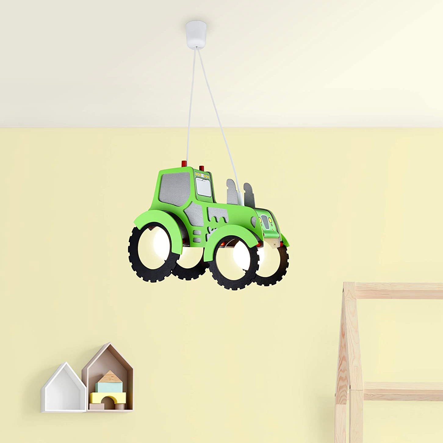 122,95 € Kostenloser Versand | Kinderlampe 40W 40×30 cm. 2 Lichtpunkte. Traktor-Design Aluminium und holz. Grün Farbe