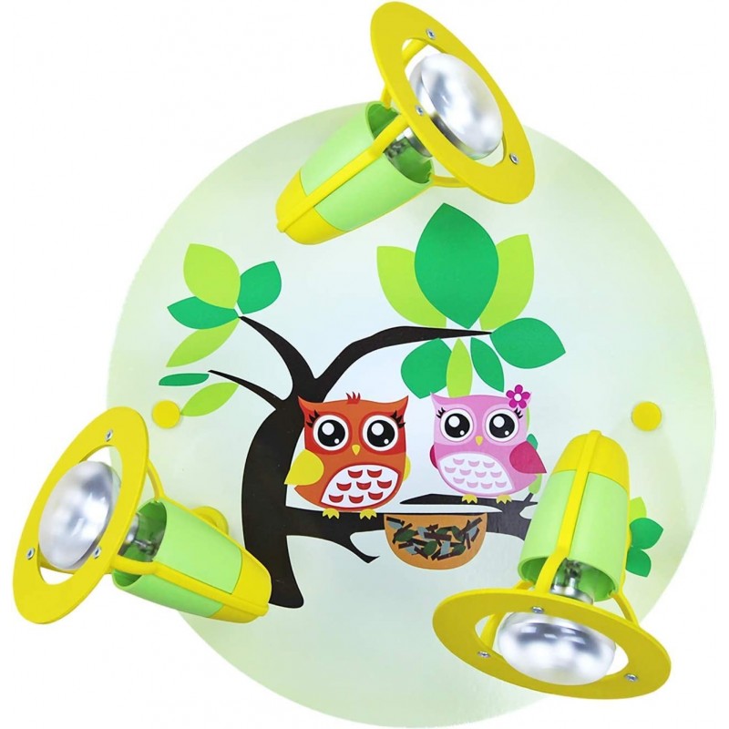 83,95 € 免费送货 | 儿童灯 40W 圆形的 形状 30×18 cm. 猫头鹰设计的三重可调聚光灯 客厅, 饭厅 和 卧室. 铝 和 木头. 绿色的 颜色
