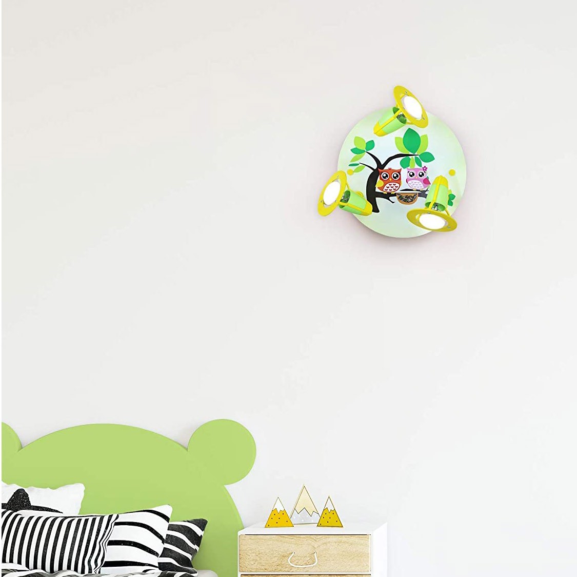 79,95 € Envio grátis | Lâmpada infantil 40W 30×18 cm. Holofote ajustável triplo com design de coruja Alumínio e madeira. Cor verde