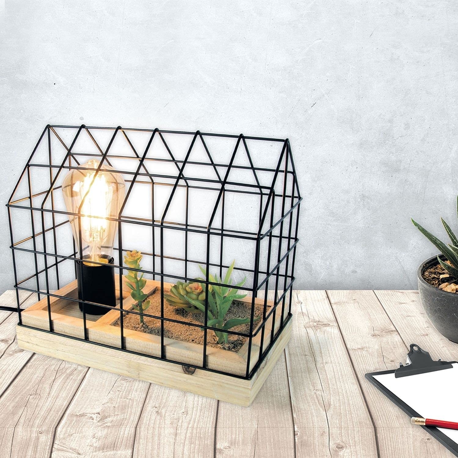 74,95 € Envío gratis | Lámpara de sobremesa 1×1 cm. Diseño en forma de jaula Metal y madera. Color negro