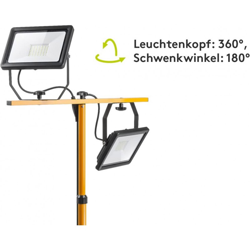 79,95 € Free Shipping | Flood and spotlight 40W 4000K Neutral light. Rectangular Shape 60×25 cm. 2 LED light points. Tripod with telescopic support Work zone. Metal casting. Yellow Color